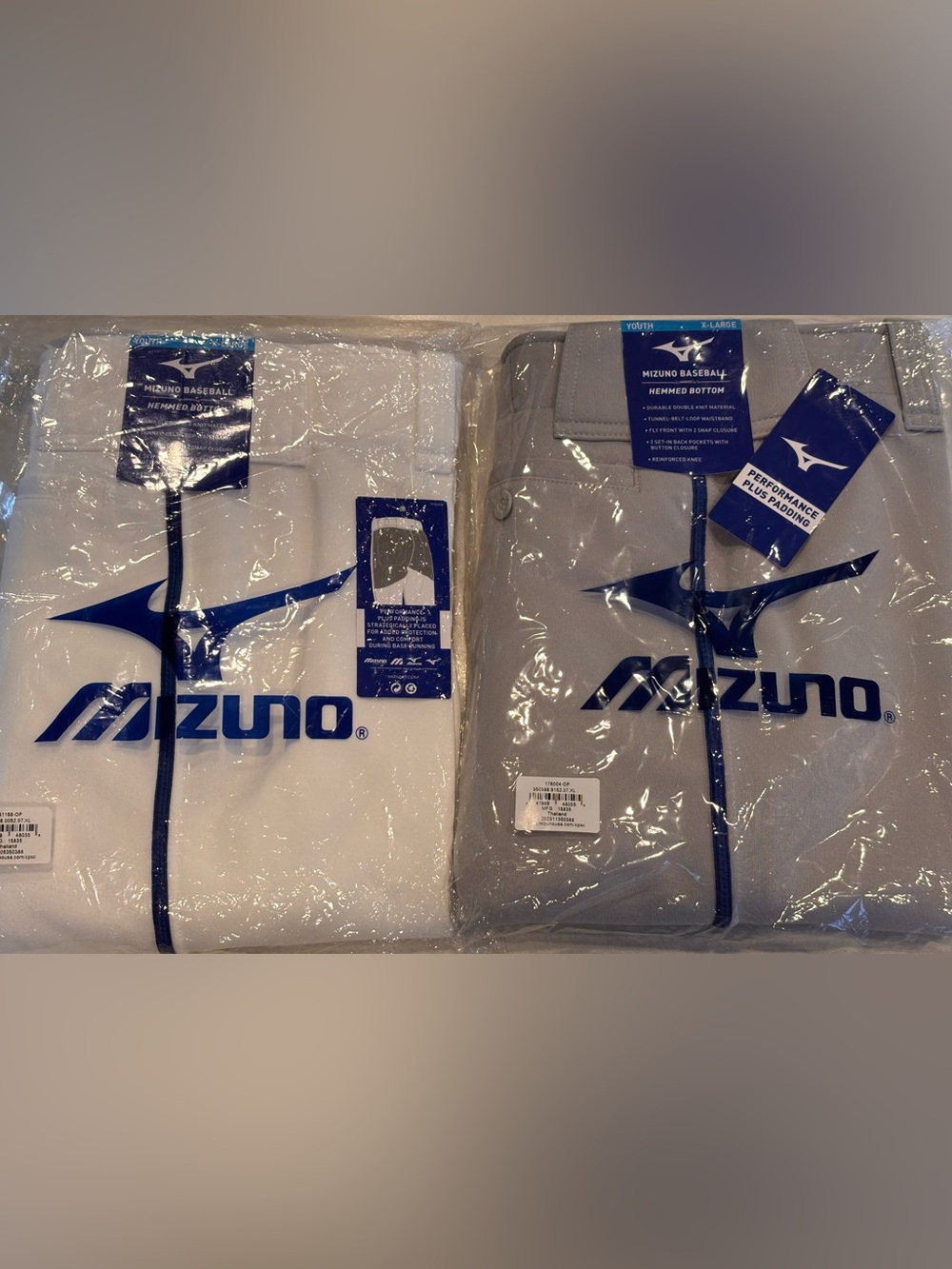 NWT Set of 2 Mizuno Gray & White Baseball Pants with Royal Blue Stripe Youth XL